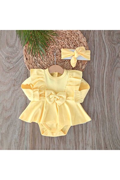 bebe kervanı Kız Bebek %100 Pamuklu Sarı Fiyonklu Çıtçıtlı Badi Elbise Takım BBK5534
