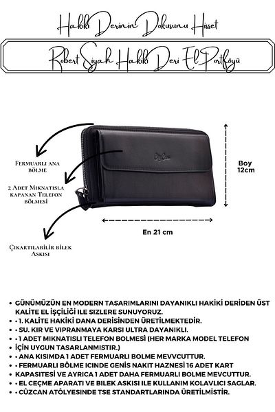 CüzCan Robert Black Genuine Leather Men's Hand Wallet - with Magnet Closure and Handheld