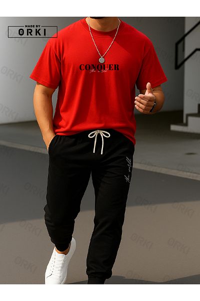 EFFRENATU Conquer the World Printed Oversize Red T-Shirt & Black Pants Tracksuit Set