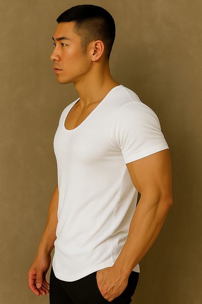 BYBÜLENT Men's Oval Collar T-Shirt Open Collar Lycra Slim Fit T-shirt White Vr013