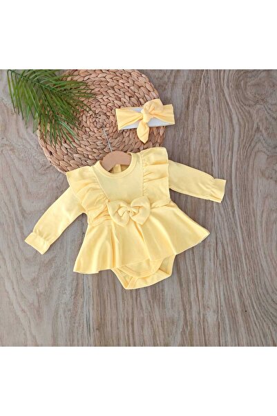 bebe kervanı Kız Bebek %100 Pamuklu Sarı Fiyonklu Çıtçıtlı Badi Elbise Takım BBK5534