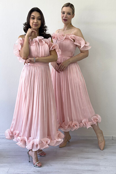 zks grup tekstil Γυναικείο βραδινό φόρεμα με λουράκια χωρίς ώμους με λεπτομέρεια μίντι φόρεμα σε κρέμα, πούδρα