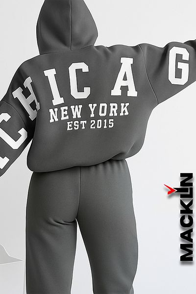 macklin Unisex Men Women Chicago New York Est Printed Oversize 3 Thread Hooded Bottom Top Tracksuit Set