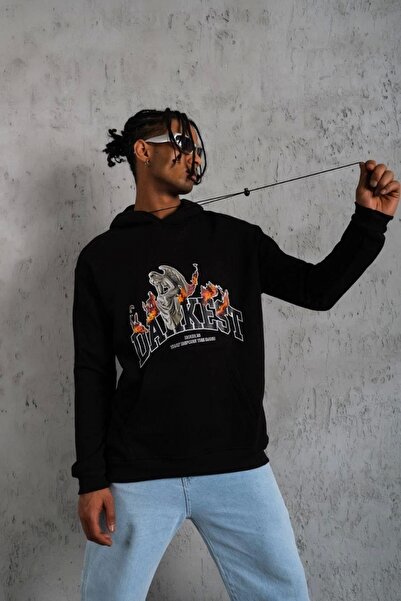 MODA Bărbați supradimensionat cu glugă Swea tricou – Culoare neagră, bumbac c...