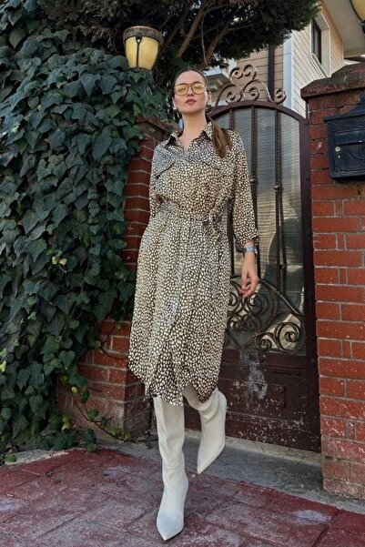 Kombinazon Lissa Desenli Kuşaklı Haki Uzun Tunik