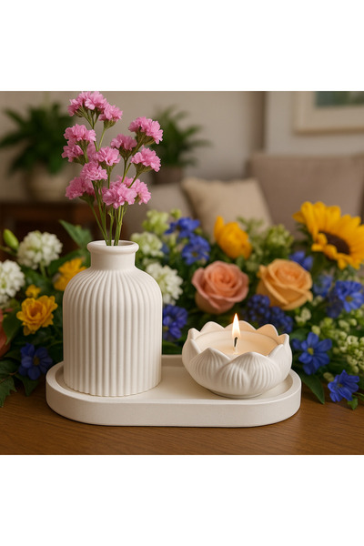 Kaju Creative El Yapımı Beton Vazo ve Lotus Mum Seti – 3 Parça Dekoratif Koku...