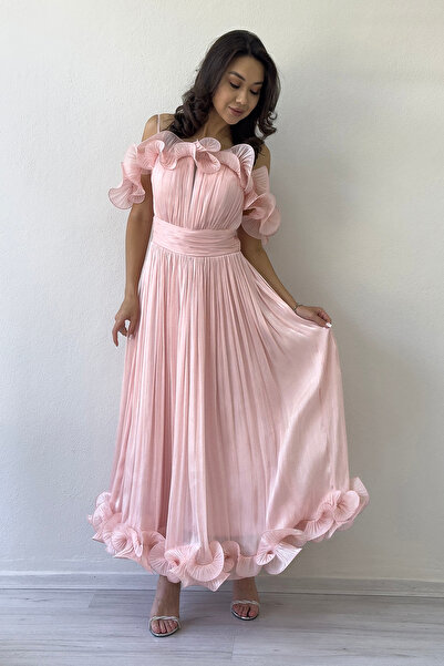 zks grup tekstil Γυναικείο βραδινό φόρεμα με λουράκια χωρίς ώμους με λεπτομέρεια μίντι φόρεμα σε κρέμα, πούδρα