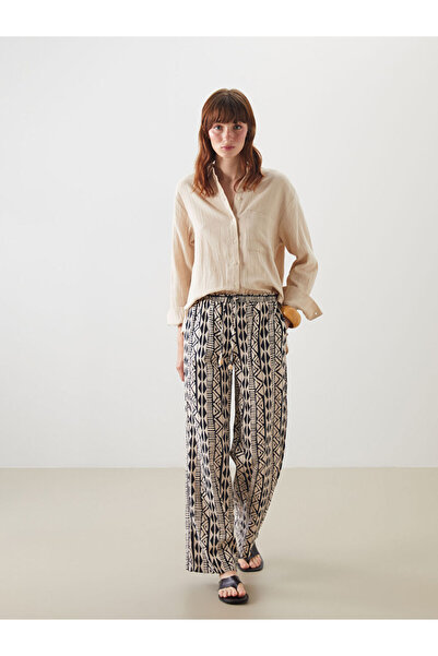 LC Waikiki Black Elastic Waist Patterned Muslin Women's Trousers