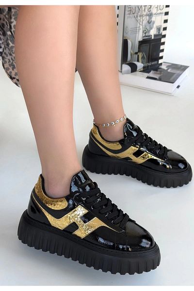 STILVANA Gesti Black Patent Leather Gold Detailed Lace up Sports Shoes