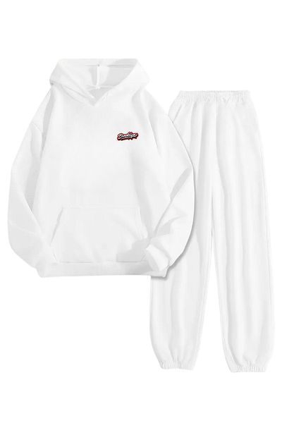 Sweetline White Tracksuit Set – Minimal Brooklyn Printed, Hooded Sweatshirt and Jogger Pants