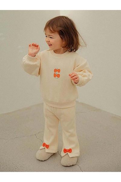 Magu Girl's Cotton Beige Orange Bow Detailed Tracksuit Set