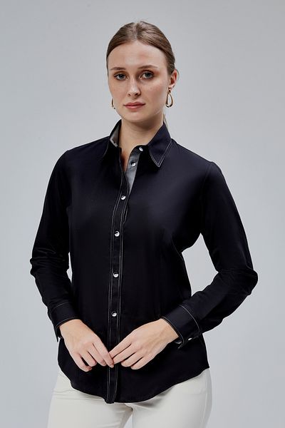 FARQIN Black Cotton Satin Lycra Marbled Slim Fit Women's Shirt with Stitching and Button Detail