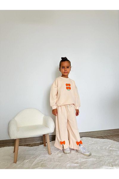 Magu Girl's Cotton Beige Orange Bow Detailed Tracksuit Set