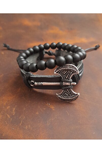 BSN Store 2-Piece Bracelet Sailor Double Axe Figured Genuine Leather Bracelet and Onyx Stone Bracelet