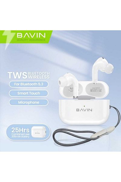 Bavin Bluetooth Earphones with Long Battery Life and Comfortable Silicone Clip with Hanging Rope Touch Control Bluetooth 5.3 White