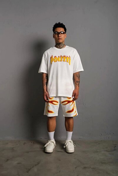 Hulyomer Hub Men's Flame Printed Double Shorts Suit - White