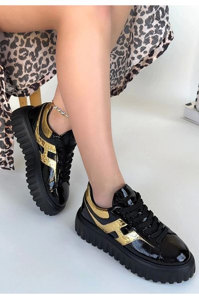 STILVANA Gesti Black Patent Leather Gold Detailed Lace up Sports Shoes