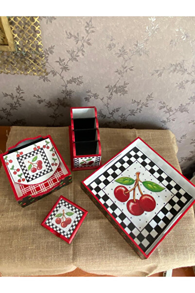 Lotus El boyaması ahşap 4’lü servis seti tepsi peçetelik bardak altlığı çatal...