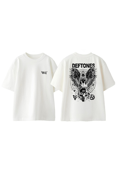 THEWERT Tricou oversized alb din bumbac cu imprimeu pe spate Deftones Baykuş ...