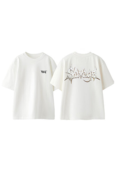 THEWERT Tricou oversize alb din bumbac cu imprimeu pe spate Savage Design