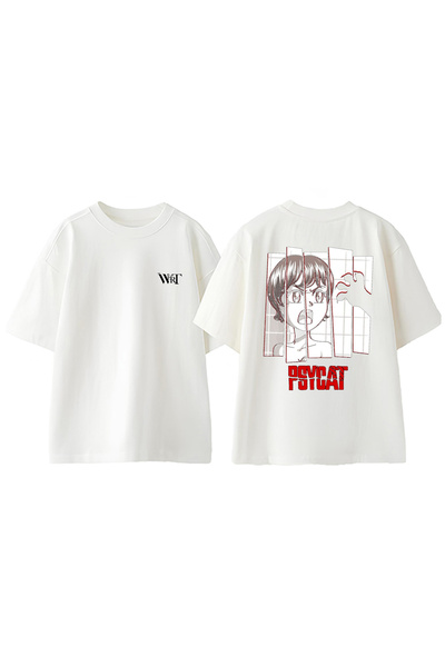 THEWERT Μπλουζάκι Psycat Design με στάμπα από βαμβακερό λευκό oversize