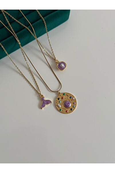 MİOSA Mor İnci Üçlü Çelik Kolye Seti