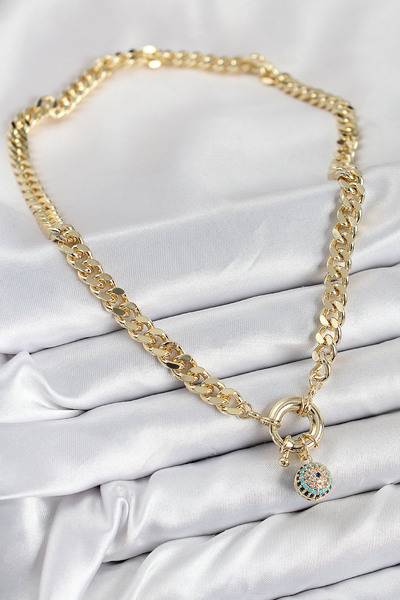 Skygo Brass Zircon Stone Evil Eye Bead Detailed Classic Chain Model Gold Color Women's Necklace - Tj-Bko10482