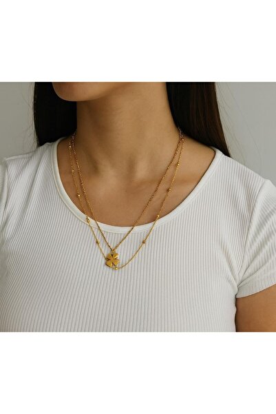 VATESTUGE Çelik 2’li Yonca Detaylı Katmanlı Kolye – Şans Sembolü Zarif Tasarım