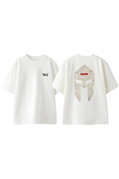 THEWERT Tricou oversize alb din bumbac cu imprimeu pe spate Spartan 8 Design