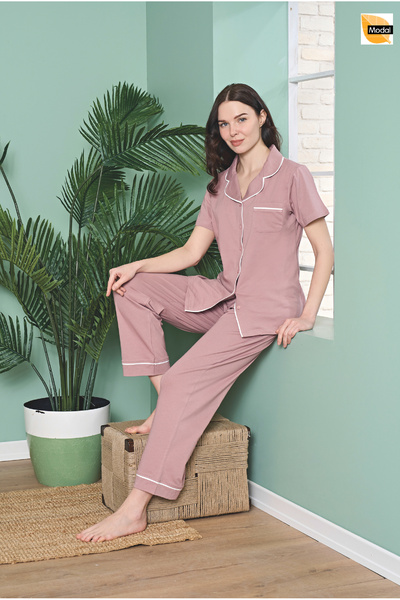 Over Sleep by Poleren Gülkurusu Renkli Gömlek Yaka Kısa Kollu Kadın Pijama Ta...