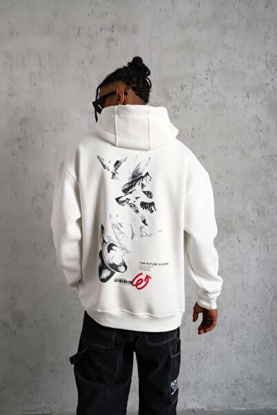 Genel Markalar Erkek Şapkalı Güvercin Baskılı Kapşonlu Sweat - Beyaz