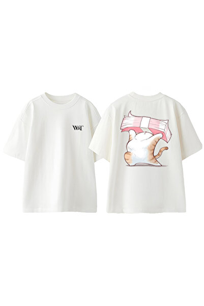 THEWERT Tricou oversize alb din bumbac cu imprimeu pe spate "Kedi Para Tasarım"