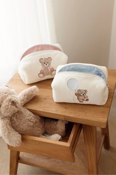 LYIA Teddy Bear Embroidered Makeup Bag/Baby Care Bag 100% Cotton - 1 Medium Size