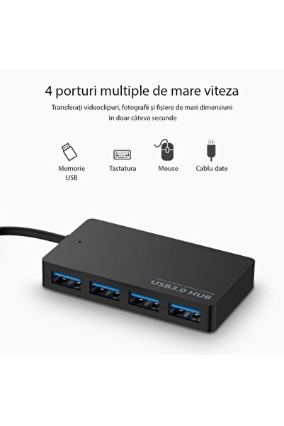 TECHSTAR ® HUBA0402 Hub USB cu 4 porturi, 4 x USB 3.0, transfer de date de mare viteză 5 Gbps, negru