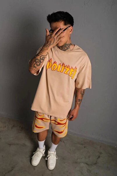 Hulyomer Hub Men's Flame Printed Double Shorts Suit - Beige