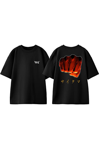 THEWERT Tricou oversize negru din bumbac cu imprimeu pe spate One Punch Man 5
