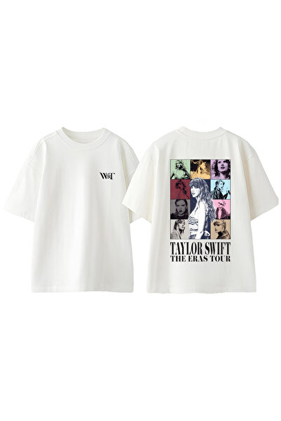 THEWERT Taylor Swift 1 Tasarım Sırt Baskılı Pamuk Beyaz Oversize T-shirt