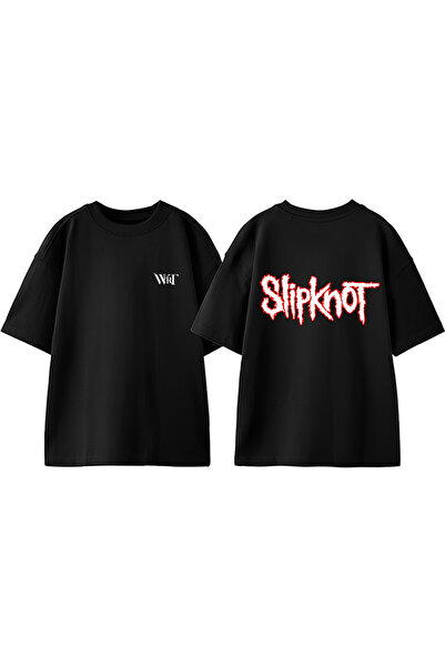 THEWERT Tricou oversize negru din bumbac cu imprimeu pe spate Slipknot Rock M...