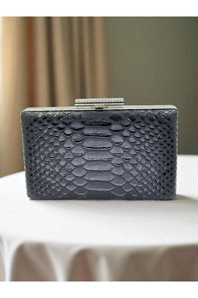 Biçanta Black Color Anaconda Patterned Matte Stylish and Luxurious Women's Evening Dress Bag Wedding Engagement