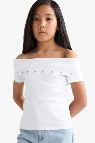 DeFacto New Season Girls' Slim Fit Slim Fit Off-The-Shoulder Collar Printed Rib Short Sleeve