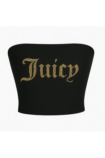 3 ROPE Juicy Rhinestone Gold Color Stone Printed Strapless Crop Top Bustier Black