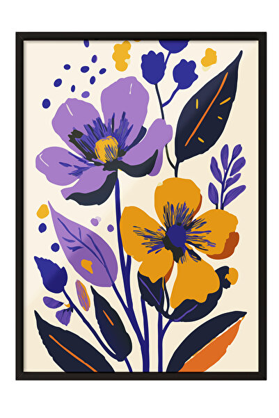 Zestia Πίνακας με μαύρο πλαίσιο, Εικονογράφηση λουλουδιών σε μωβ φόντο, Διακο...