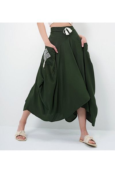 Vale Women's Side Embroidered, Green with Pockets, Shalwar Skirt
