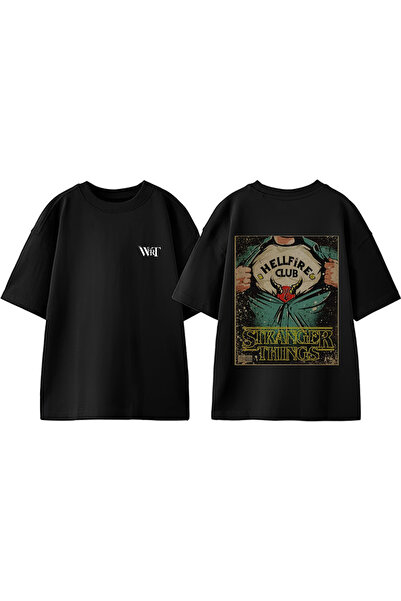 THEWERT Tricou oversize negru din bumbac cu imprimeu pe spate Stranger Things 8