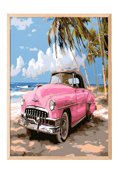 Zestia Πίνακας με ξύλινο πλαίσιο, Ροζ Κλασικό Τοπίο Αυτοκινήτου, Διακόσμηση Σ...