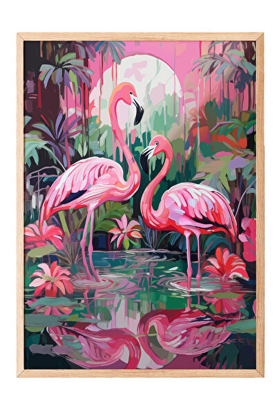 Zestia Πίνακας με ξύλινο πλαίσιο, Πολύχρωμο Φλαμίνγκο, Διακοσμητική Αφίσα Σαλ...