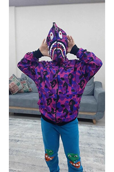 Genel Markalar Unisex Pubg Bape x Shark Hoodie - Mor