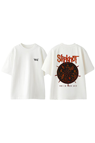 THEWERT Tricou oversize alb din bumbac cu imprimeu pe spate Slipknot Rock Muz...