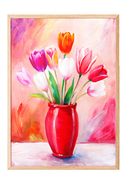 Zestia Tablou cu ramă din lemn, Lalele în vază roșie, Poster decorativ pentru...