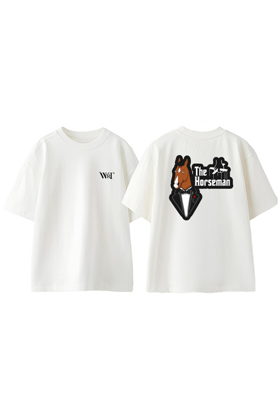 THEWERT Tricou oversize alb din bumbac cu imprimeu pe spate The Horseman Design